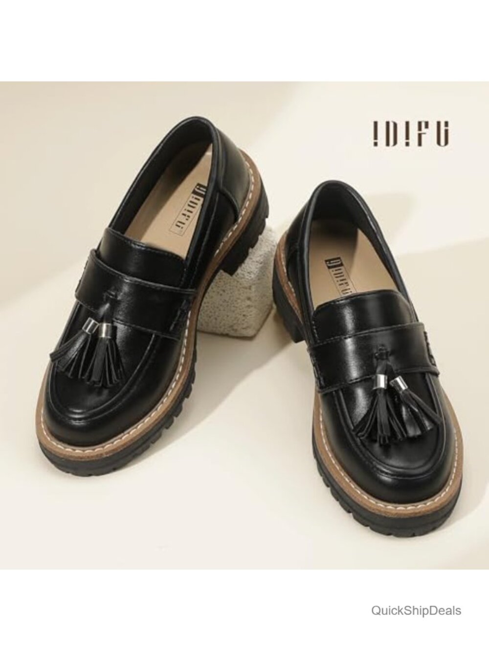 IDIFU Women's Chunky Platform Loafers Slip On Lug Sole Low Heel Tassel Dress - Picture 2 of 5
